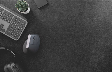 Poster - top view of office desk table with keyboard, mouse, smartphone and accessory on table.