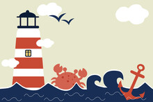 Vector Illustration Of A Lighthouse. Summer Background Desing With Cute Lighthouse, Crab, Achor And Clouds For Social Media Header, Web Banner, Wallpaper