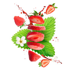 Wall Mural - Strawberry berries levitating on a white background. Isolated object on a white background. Horizontal.