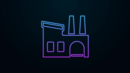 Sticker - Glowing neon line Factory icon isolated on black background. Industrial building. 4K Video motion graphic animation