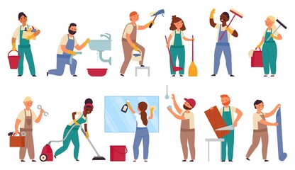 Canvas Print - Cartoon repairman characters. Home workers, construction builder painter with equipment. Cleaning and house renovation team decent vector set