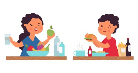 Poster - Boy girl eating. Person eat, healthy breakfast. Cartoon kids on lunch or dinner. Child with fruits and fast food, baby drink water decent vector concept