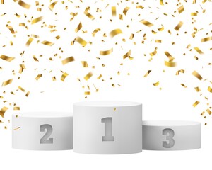 Wall Mural - winner podium with confetti background. celebrating announcement award pedestal with sparkle effect 