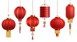 Lanterns chinese. Asian new year japanese red lamps with golden decor, festival 3d chinatown traditional realistic element. Horizontal poster. Oriental paper decoration vector isolated set
