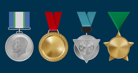 Sticker - Sport awards. Military rosettes leadership golden medals decent vector templates of awards with red ribbons