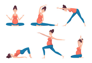 Poster - Yoga pregnant. Relaxed poses for pregnant characters sport health recreation education exact vector persons isolated