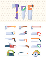 Poster - Sawmills tools. Professional axe collections and steel saws manual and circulars garish vector set