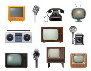 Poster - old style technics. 80s retro household gadgets stationary items tv set typewriting machines telepho