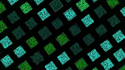Aufkleber - QR code samples for smartphone scanning isolated on black background. Animation. Payment technology concept, seamless loop.