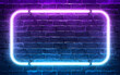 Neon light frame shining on brick wall background. 3d rendering