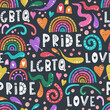 Fun hand drawn lgbtq seamless pattern, colorful background with letters, hearts, rainbows, great for textiles, banners, wallpapers, wrapping - vector design