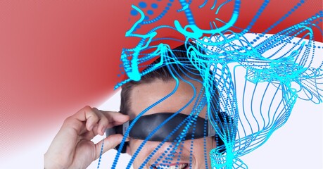 Poster - Composition of digital light trails with boy wearing vr headset