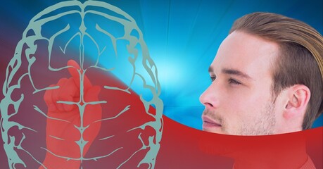 Poster - Composition of businessman touching screen with human brain