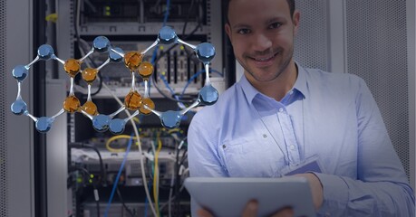 Poster - Composition of digital chemical compound over businessman using tablet by computer server