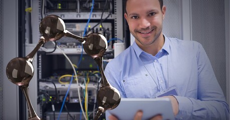 Poster - Composition of digital chemical compound over businessman using tablet by computer server