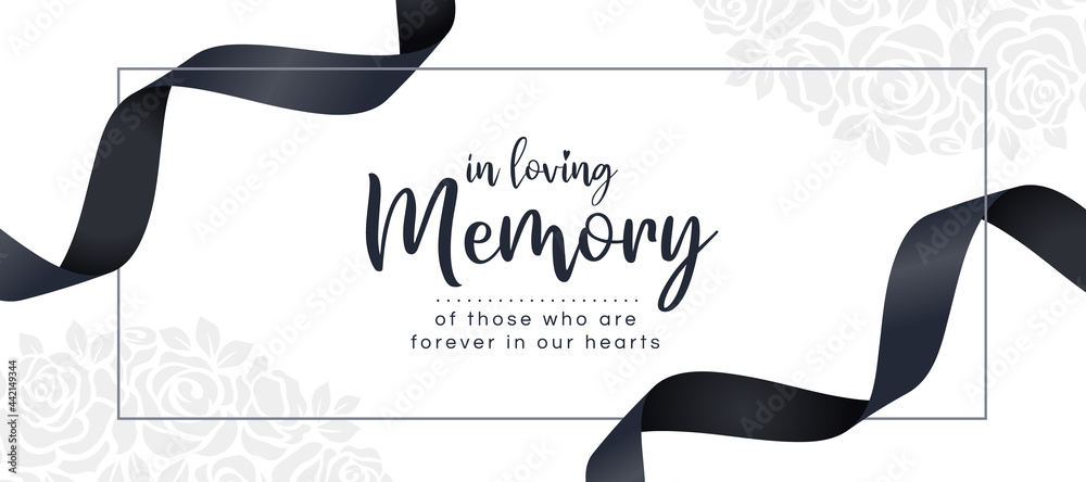 In loving memory of those who are forever in our hearts text and black ribbon roll wave around frame on white rose texture background vector design - obrazy, fototapety, plakaty 