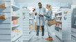 Pharmacy: Professional Black Pharmacist Helping Caucasian Senior Female Customer with Medicine Recommendation, Advice, Talking. Cusotmer Support in Drugstore Full of Drugs, Pills, Health Care Products