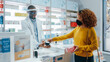 © Gorodenkoff - Pharmacy Drugstore Checkout Counter: Professional Black Pharmacist Wearing Face Shield Sells Medicine to Young Female Customer, who is wearing Face Mask, Use Contactless Payment. Coronavirus Safety
