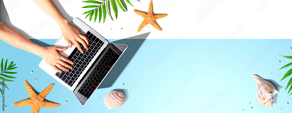 Person using a laptop computer with summer theme objects - obrazy, fototapety, plakaty 