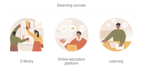 Fototapete - Elearning courses abstract concept vector illustration set. E-library, online education platform, learning, ebook reader, webcam conference at laptop screen, study skills abstract metaphor.