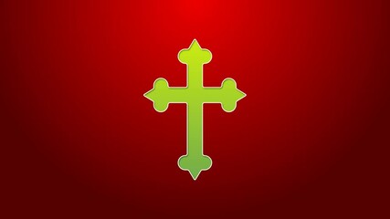 Poster - Green line Christian cross icon isolated on red background. Church cross. 4K Video motion graphic animation