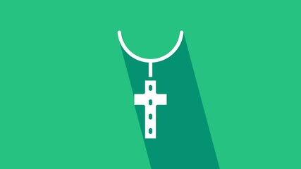 Sticker - White Christian cross on chain icon isolated on green background. Church cross. 4K Video motion graphic animation