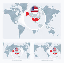 Wall Mural - Magnified USA over Map of the World, 3 versions of the World Map with flag and map of USA.