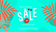 © Shi  - Summer sale promo banner with fluid bubble shapes and tropical leaves on mint background with space for ad text