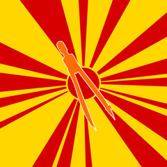 Poster - Compass divider on a background of red flash explosion radial lines. The large orange symbol is located in the center of the sun, symbolizing the sunrise. Vector illustration on yellow background