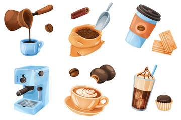 Aufkleber - Coffee stickers set. Bundle of objects - drink in cup, spices, beans, cookies. Different tools - cezve, coffee machine . Morning breakfast. 3d illustration with isolated elements in realistic design