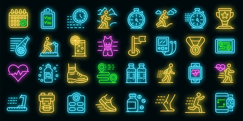 Poster - Running icons set. Outline set of running vector icons neon color on black