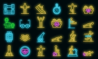 Poster - workout seniors icons set. outline set of workout seniors vector icons neon color on black