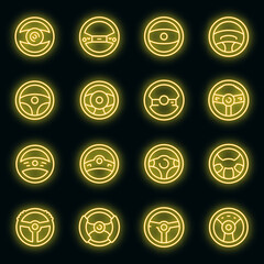 Poster - Steering wheel icons set. Outline set of steering wheel vector icons neon color on black