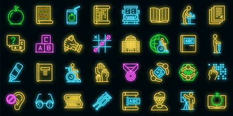 Wall Mural - Inclusive education icons set. Outline set of inclusive education vector icons neon color on black