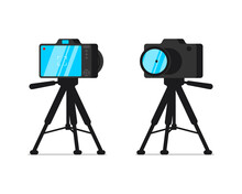 SLR Camera On Tripod Stand Front And Back View Set. Digital Photocamera On Rack. Videographer Or Photographer Equipment Kit With Lens On Stationary Holder. Professional Stable Photo Video Device. EPS