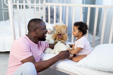 African-american Family, Dad And Baby Son Talking Or Playing In The Bedroom At Home, Happy Father