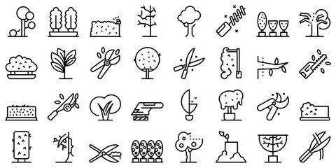 Poster - Tree trimming icons set outline vector. Tree woodcutter. Work forest trimming