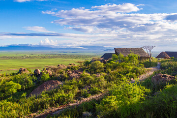 Beautiful view of a safari lodge in Ngorongoro sanctuary, Tanzania