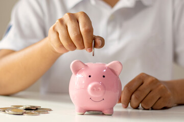 Wall Mural - Close-up of a young woman holding a coin in a pig piggy bank, saving money for the future.