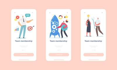 Wall Mural - Team Membership Mobile App Page Onboard Screen Template. Team Member Characters Take Part in Rocket Launch