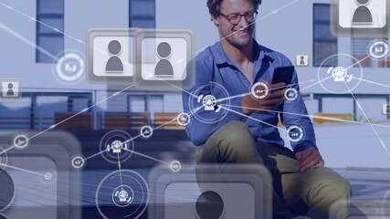 Poster - Animation of network of connections with icons over businessman using smartphone