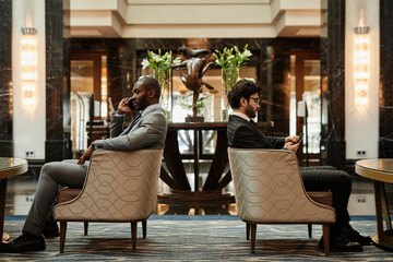 Full length side view at two successful businessman relaxing in armchairs at luxurious hotel lobby