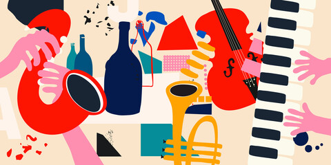 Music promotional poster with musical instruments colorful vector illustration. Violoncello, piano, trumpet and sax with bottles for live concert, events, celebrations and fun, club and party flyer