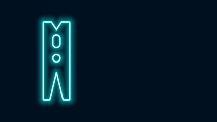 Sticker - Glowing neon line Old wood clothes pin icon isolated on black background. Clothes peg. 4K Video motion graphic animation