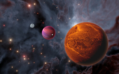 Wall Mural - exoplanet and extrasolar moons, or exomoons in deep space