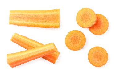 Wall Mural - Sliced carrots set on a white background. Top view