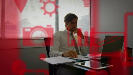 Poster - Animation of digital icons over businessman using laptop computer