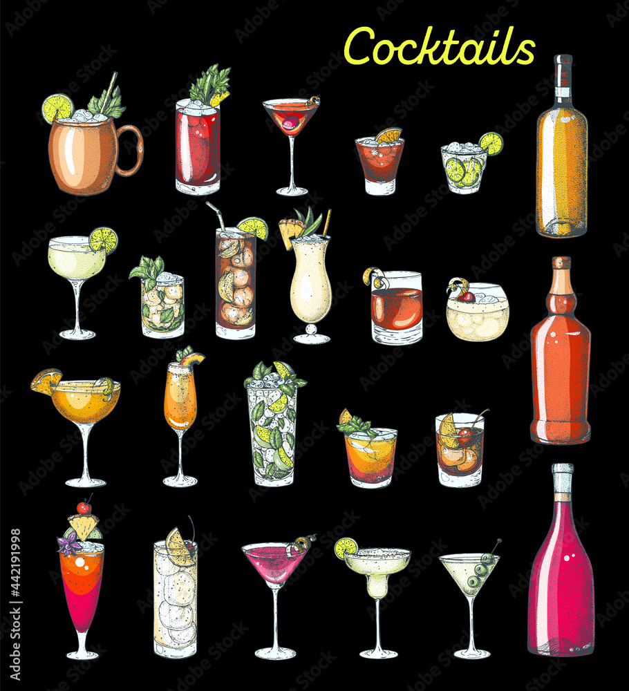 Alcoholic cocktails hand drawn vector illustration. Colorful set. Cognac, brandy, vodka, tequila, whiskey, champagne, wine, margarita cocktails. Bottle and glass. - obrazy, fototapety, plakaty 