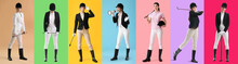 Set Of Female Jockey On Color Background
