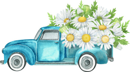 Watercolor farm truck with daisy. Watercolor retro truck with wildflowers. Vintage truck illustration